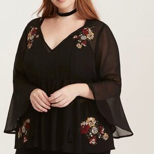 torrid Black Sheer Peasant Blouse with Red & Yellow Floral Embroidery